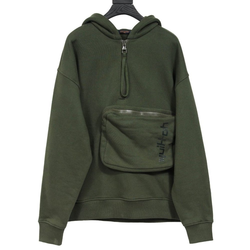Louis Vuitton Men's 3D Patched Pocket Half Zipped Hoodie Size Medium Green